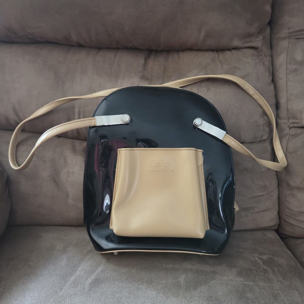 Vintage Beijo Convertible Backpack Shoulder Bag Black Tan Patent Y2K Retro